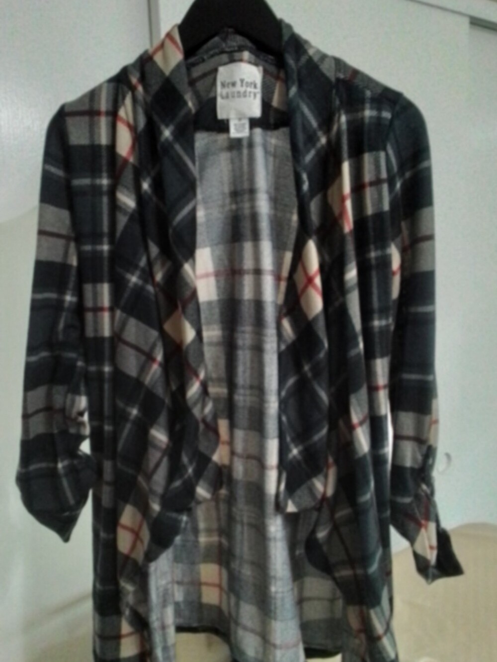 New York Laundry Black, Gray & Cream Plaid Draped Cardigan with Red Accents